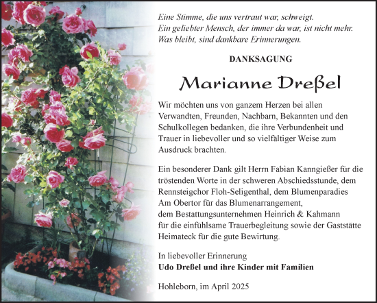 Traueranzeige von Marianne Dreßel von Südthüringer Presse