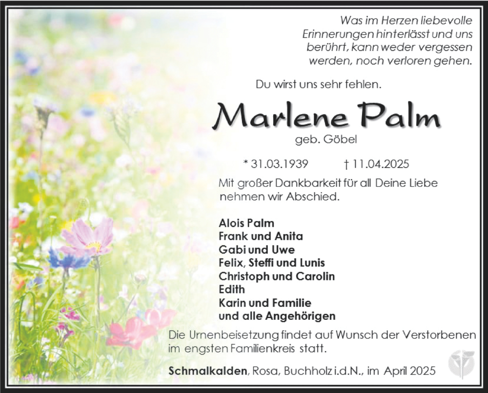  Traueranzeige für Marlene Palm vom 19.04.2025 aus Südthüringer Presse