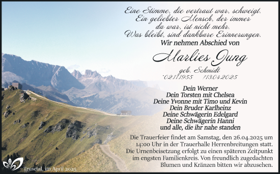 Traueranzeige von Marlies Jung von Südthüringer Presse