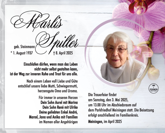 Traueranzeige von Marlis Spiller von Südthüringer Presse