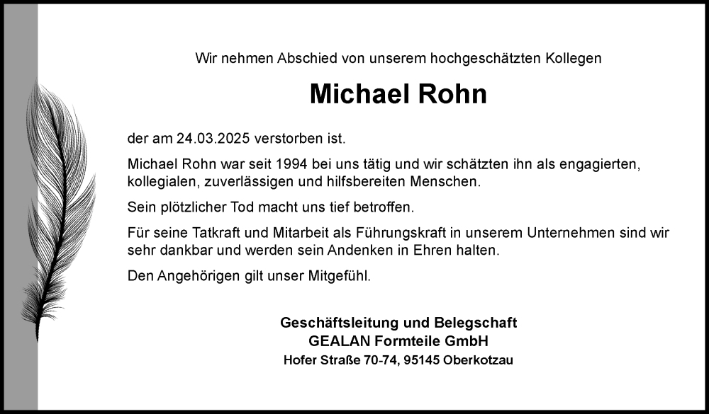  Traueranzeige für Michael Rohn vom 15.04.2025 aus Frankenpost