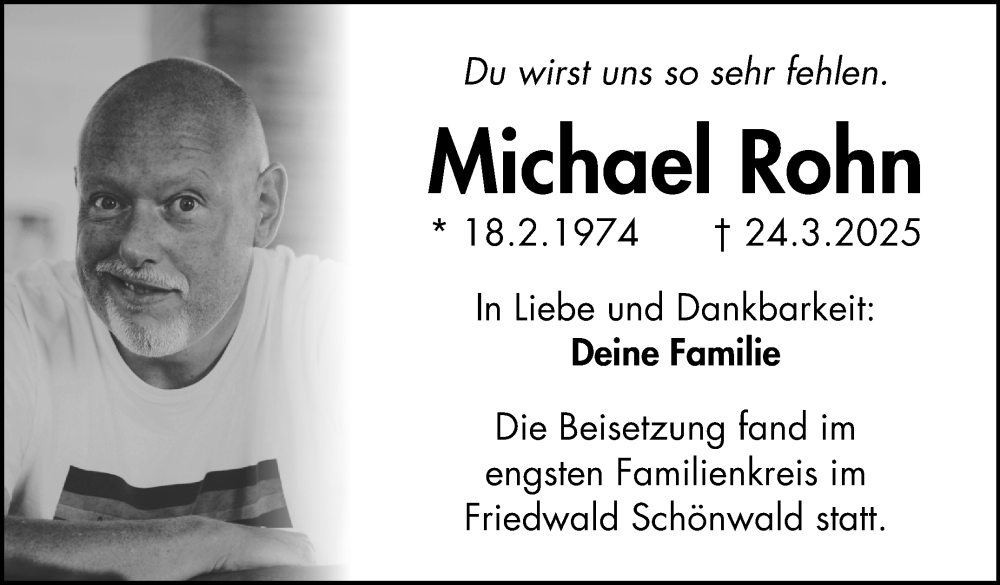  Traueranzeige für Michael Rohn vom 15.04.2025 aus Frankenpost