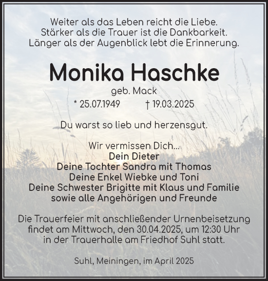 Traueranzeige von Monika Haschke von Südthüringer Presse