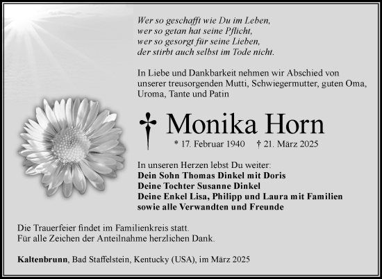Traueranzeige von Monika Horn von Südthüringer Presse