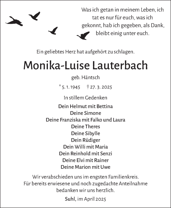 Traueranzeige von Monika-Luise Lauterbach von Südthüringer Presse
