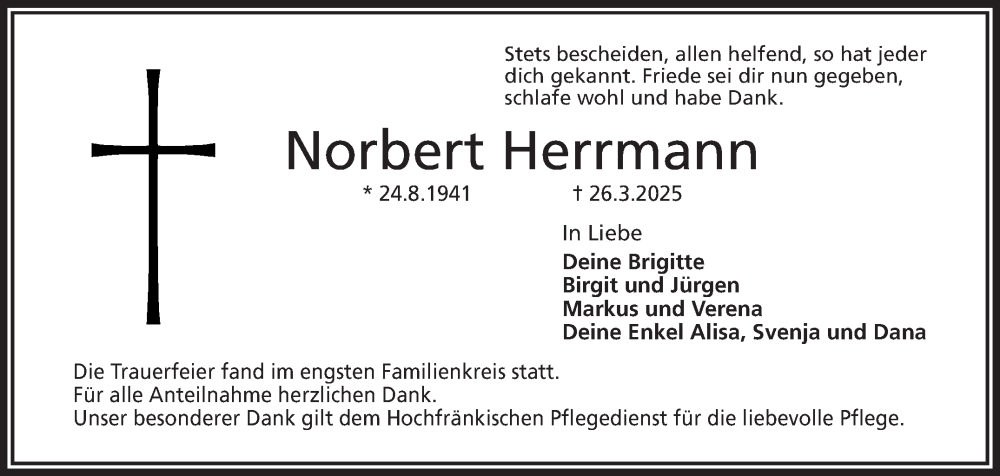  Traueranzeige für Norbert Herrmann vom 16.04.2025 aus Frankenpost