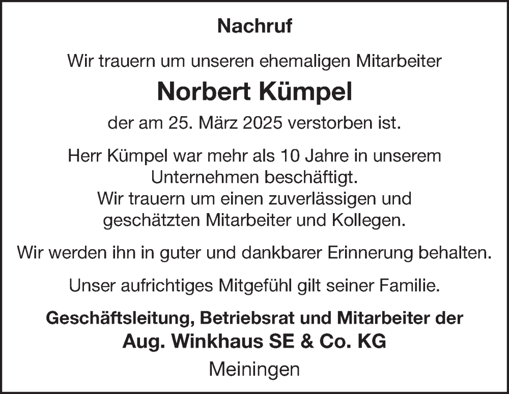  Traueranzeige für Norbert Kümpel vom 26.04.2025 aus Südthüringer Presse