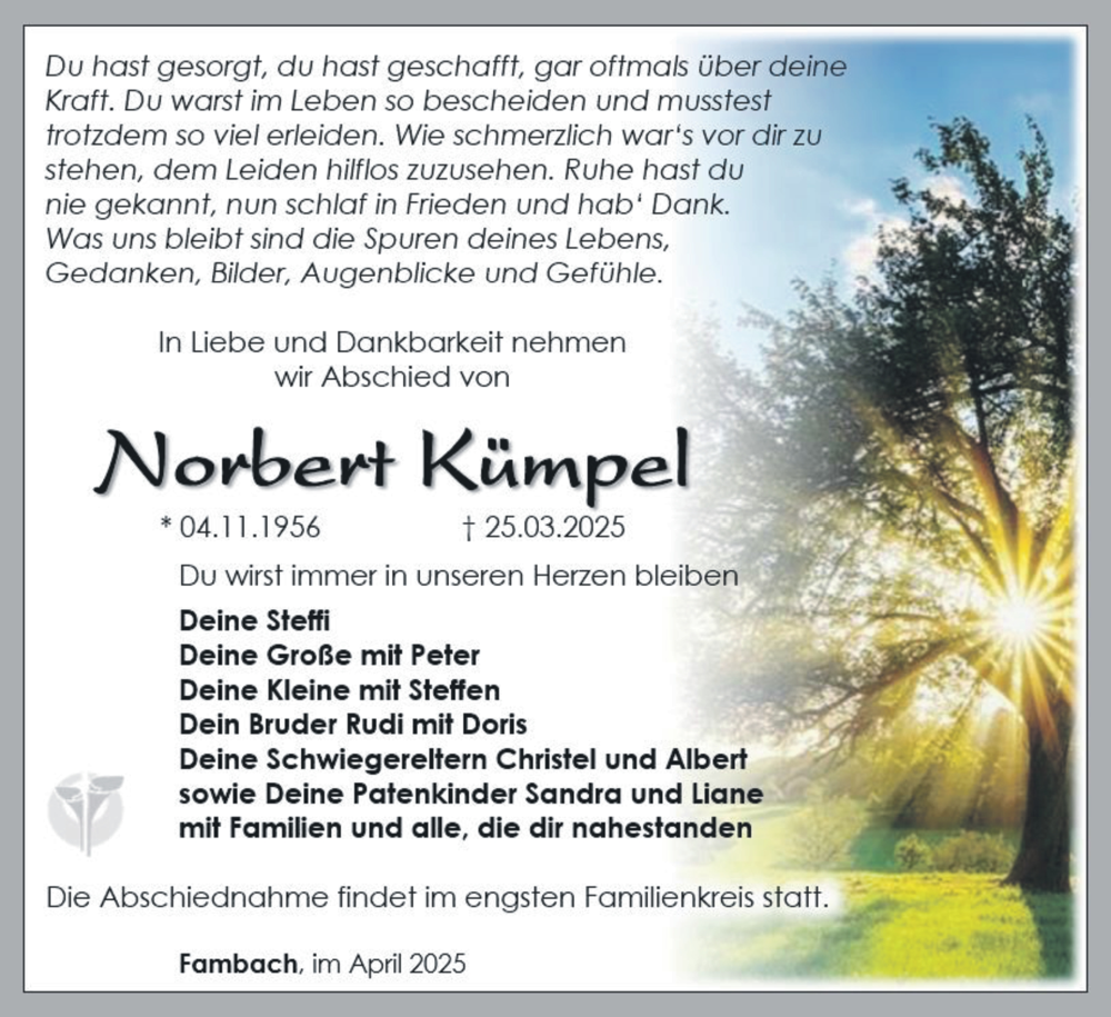  Traueranzeige für Norbert Kümpel vom 04.04.2025 aus Südthüringer Presse
