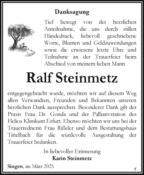 Traueranzeige von Ralf Steinmetz von Südthüringer Presse