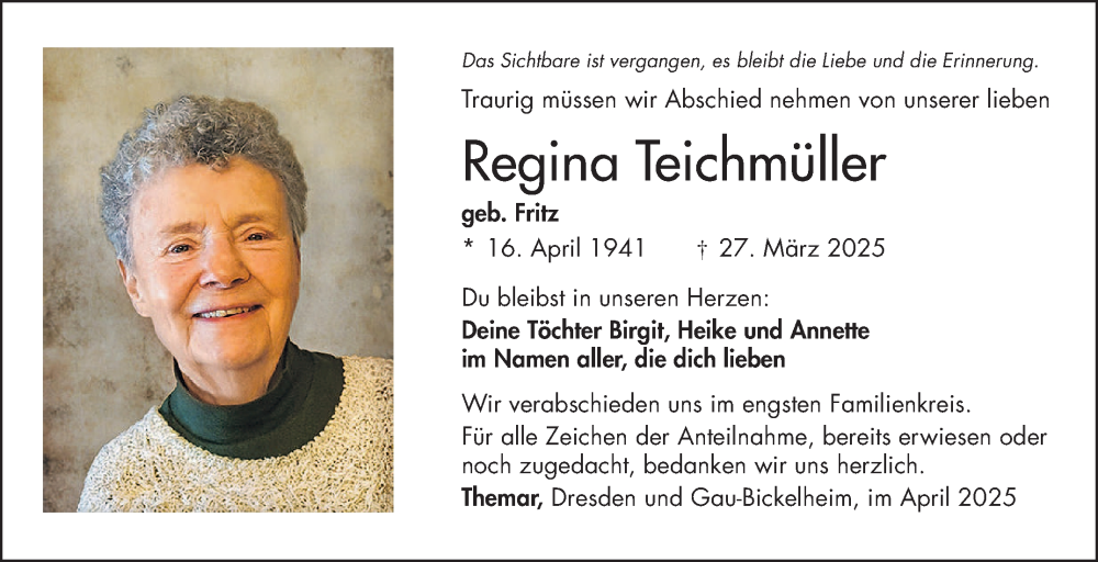  Traueranzeige für Regina Teichmüller vom 10.04.2025 aus Südthüringer Presse