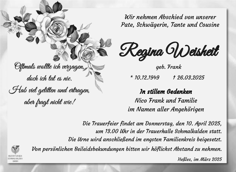 Traueranzeige für Regina Weisheit vom 05.04.2025 aus Südthüringer Presse