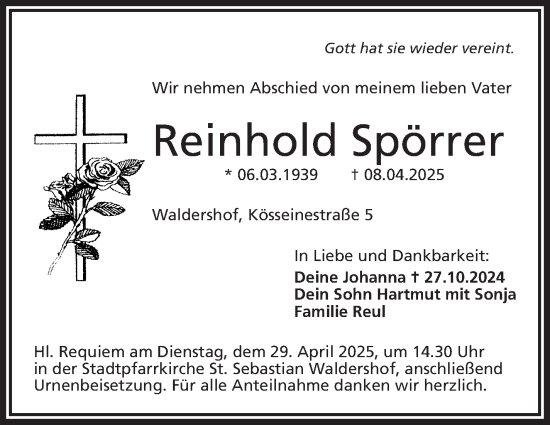 Traueranzeige von Reinhold Spörrer von Frankenpost