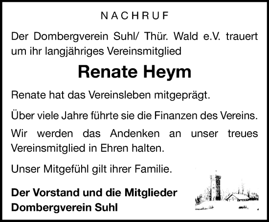 Traueranzeige von Renate Heym von Südthüringer Presse