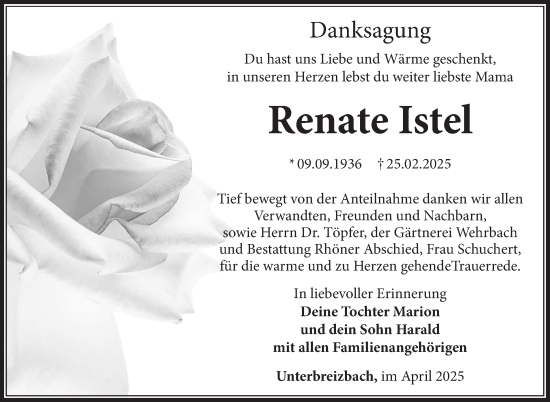 Traueranzeige von Renate Istel von Südthüringer Presse