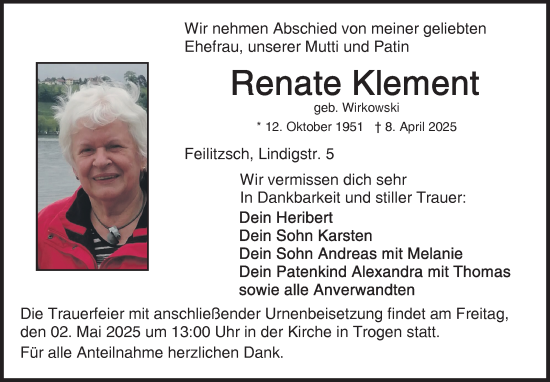 Traueranzeige von Renate Klement von Frankenpost