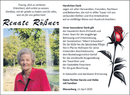 Traueranzeige von Renate Rößner von Südthüringer Presse