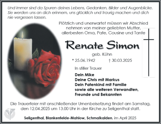 Traueranzeige von Renate Simon von Südthüringer Presse
