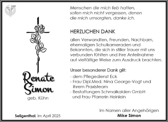 Traueranzeige von Renate Simon von Südthüringer Presse