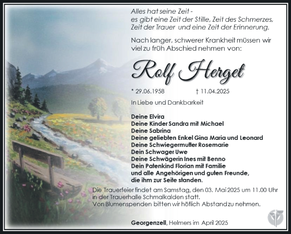  Traueranzeige für Rolf Herget vom 26.04.2025 aus Südthüringer Presse