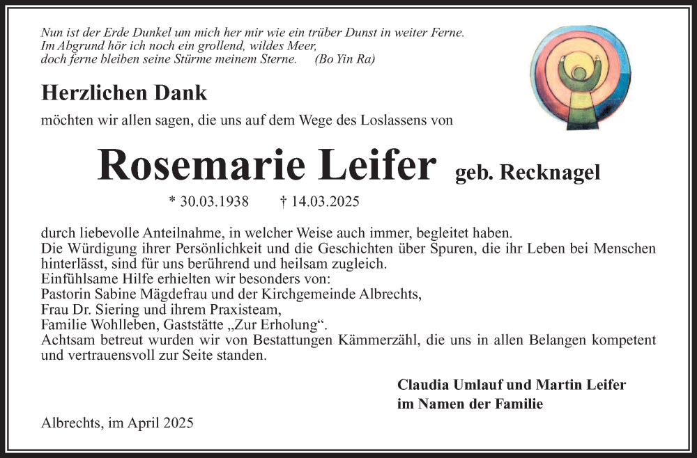  Traueranzeige für Rosemarie Leifer vom 26.04.2025 aus Südthüringer Presse