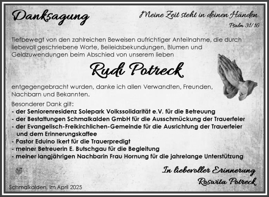 Traueranzeige von Rudi Potreck von Südthüringer Presse