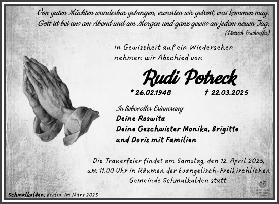 Traueranzeige von Rudi Potreck von Südthüringer Presse