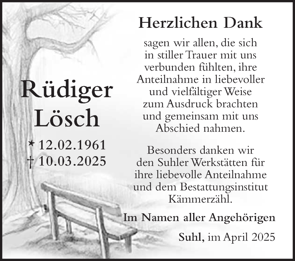  Traueranzeige für Rüdiger Lösch vom 12.04.2025 aus Südthüringer Presse