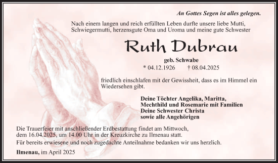 Traueranzeige von Ruth Dubrau von Südthüringer Presse