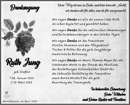 Traueranzeige von Ruth Jung von Südthüringer Presse