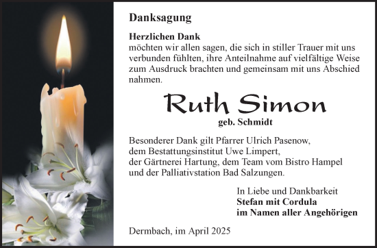 Traueranzeige von Ruth Simon von Südthüringer Presse