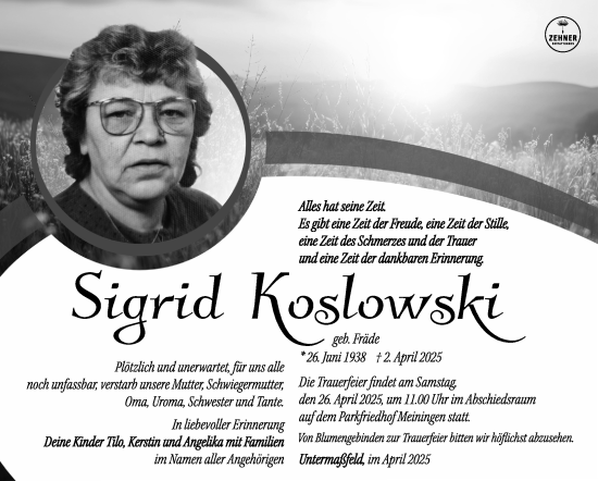 Traueranzeige von Sigrid Koslowski von Südthüringer Presse