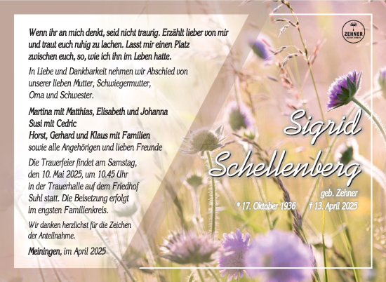 Traueranzeige von Sigrid Schellenberg von Südthüringer Presse