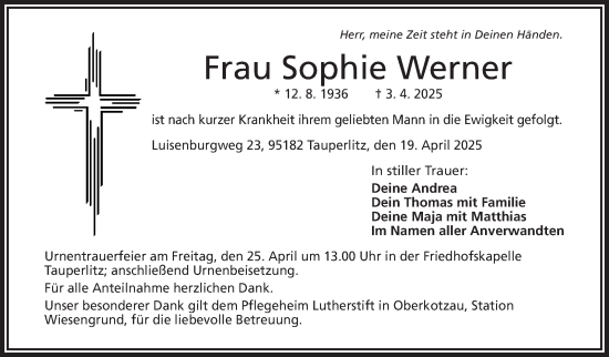 Traueranzeige von Sophie Werner von Frankenpost