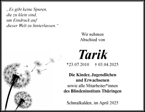 Traueranzeige von Tarik  von Südthüringer Presse