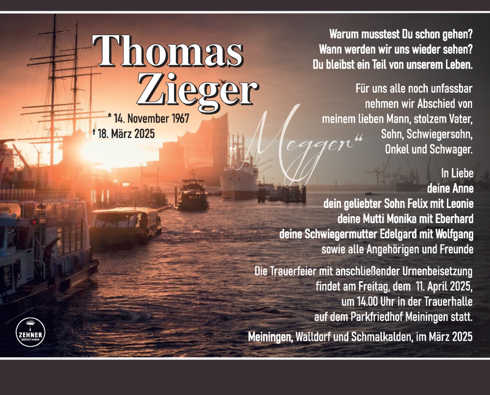  Traueranzeige für Thomas Zieger vom 04.04.2025 aus Südthüringer Presse