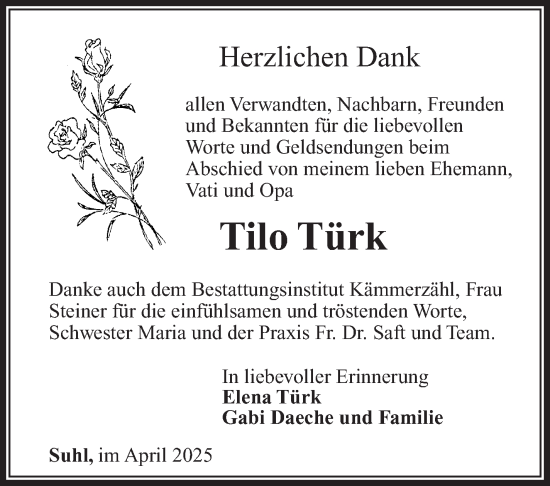 Traueranzeige von Tilo Türk von Südthüringer Presse