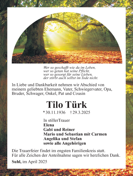 Traueranzeige von Tilo Türk von Südthüringer Presse