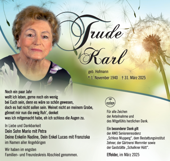 Traueranzeige von Trude Karl von Südthüringer Presse