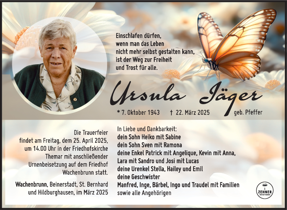  Traueranzeige für Ursula Jäger vom 05.04.2025 aus Südthüringer Presse
