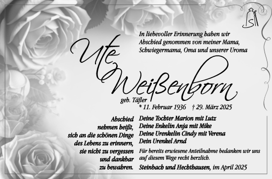 Traueranzeige von Ute Weißenborn von Südthüringer Presse