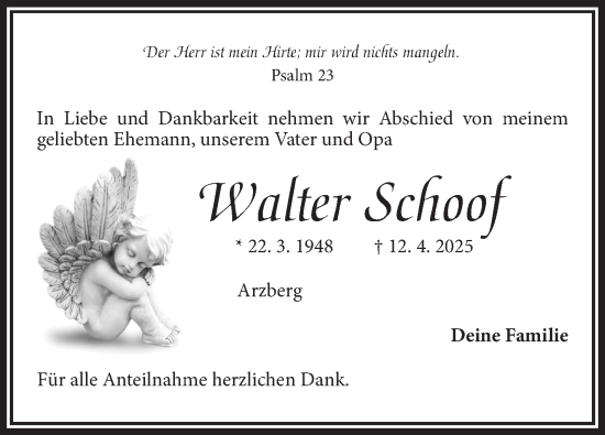 Traueranzeige von Walter Schoof von Frankenpost