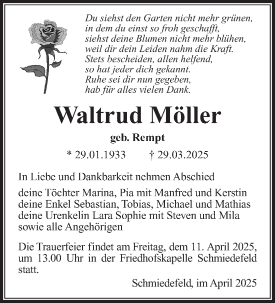 Traueranzeige von Waltrud Möller von Südthüringer Presse