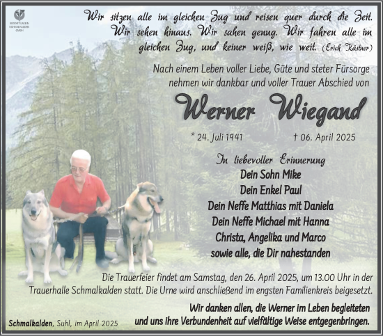 Traueranzeige von Werner Wiegand von Südthüringer Presse