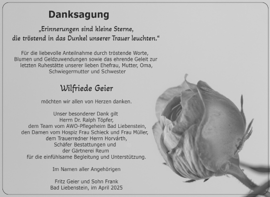 Traueranzeige von Wilfriede Geier von Südthüringer Presse