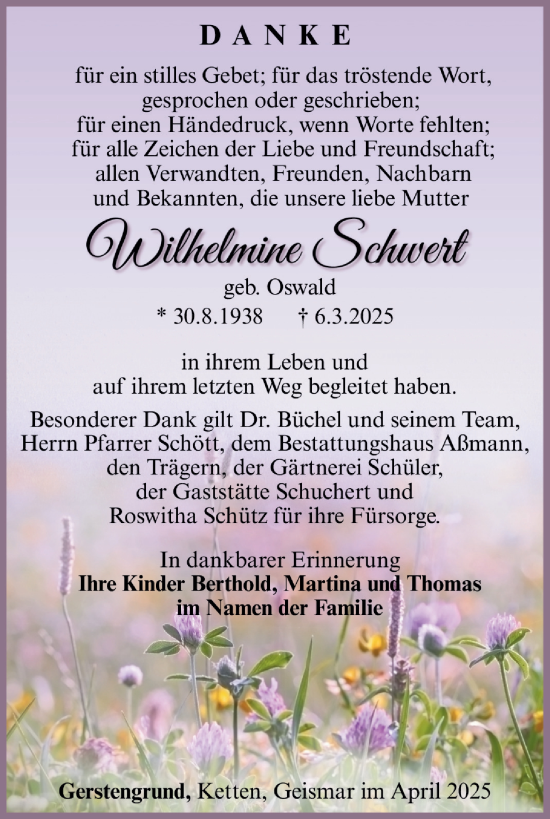 Traueranzeige von Wilhelmine Schwert von Südthüringer Presse