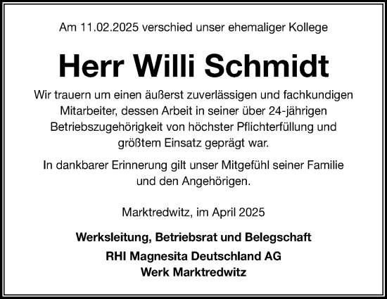 Traueranzeige von Willi Schmidt von Frankenpost