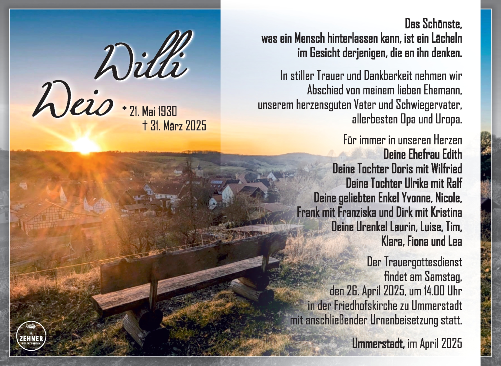  Traueranzeige für Willi Weis vom 19.04.2025 aus Südthüringer Presse