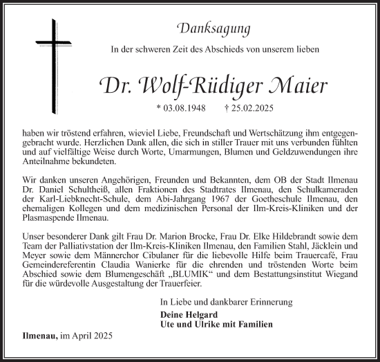 Traueranzeige von Wolf-Rüdiger Maier von Südthüringer Presse