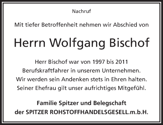 Traueranzeige von Wolfgang Bischof von Frankenpost
