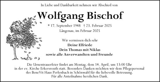 Traueranzeige von Wolfgang Bischof von Frankenpost